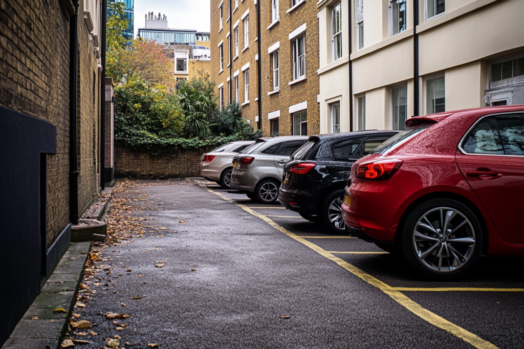 A small parking space at the side of an office building - accessibility challenge influencing the removals cost