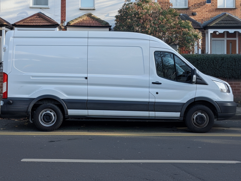 A white relocation van parked at the street of Coulsdon