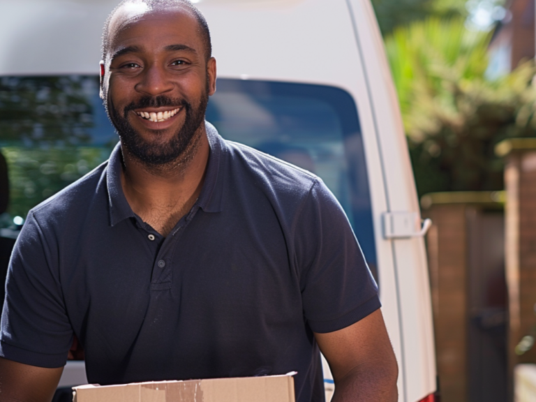 A man-and-van in Coulsdon smiling at the camera while carrying a carton