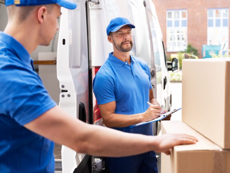 Man and Van crew is surrounded by boxes while at the back of the van